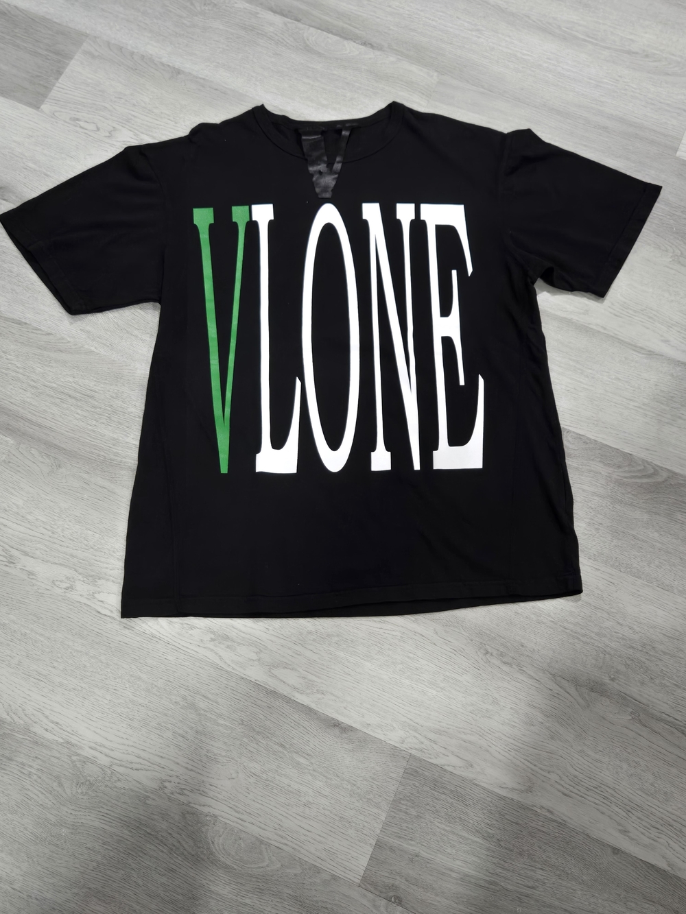 VLONE Black Tee with White Logo and Green 'V'